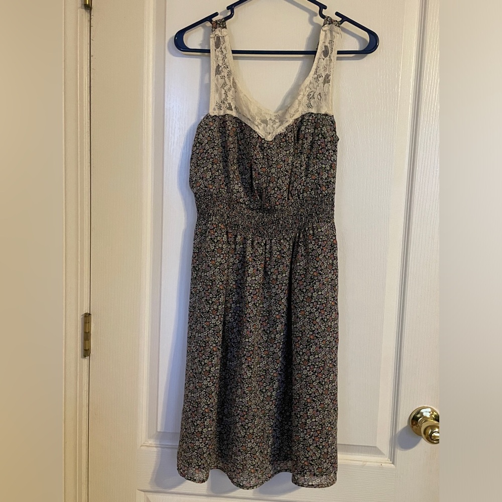 Romy Y2K Black Ditzy Floral Lace Sweetheart Babydoll Dress Large Cottage‎ Preppy